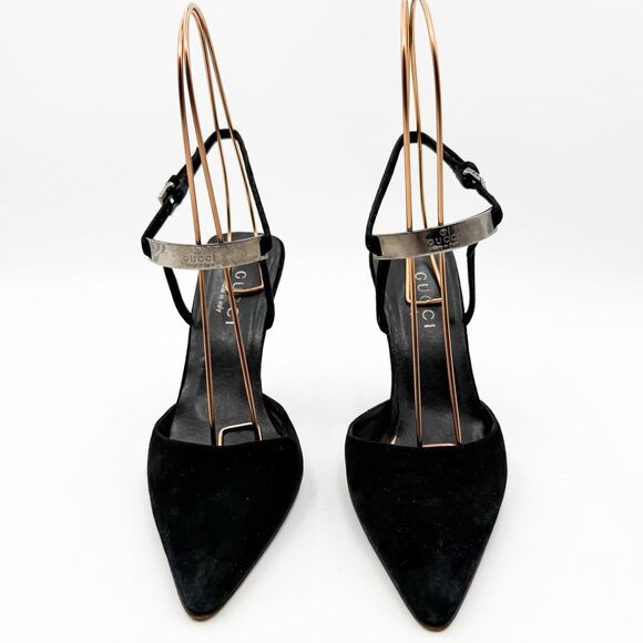 Gucci Black Suede Leather Strappy Heels Pointed Toe Size 7 - Picture 2 of 15